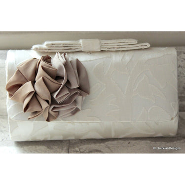 Wedding Party Clutch, Hard Body Purse, White Fabric Purse With Grey Flower Applique